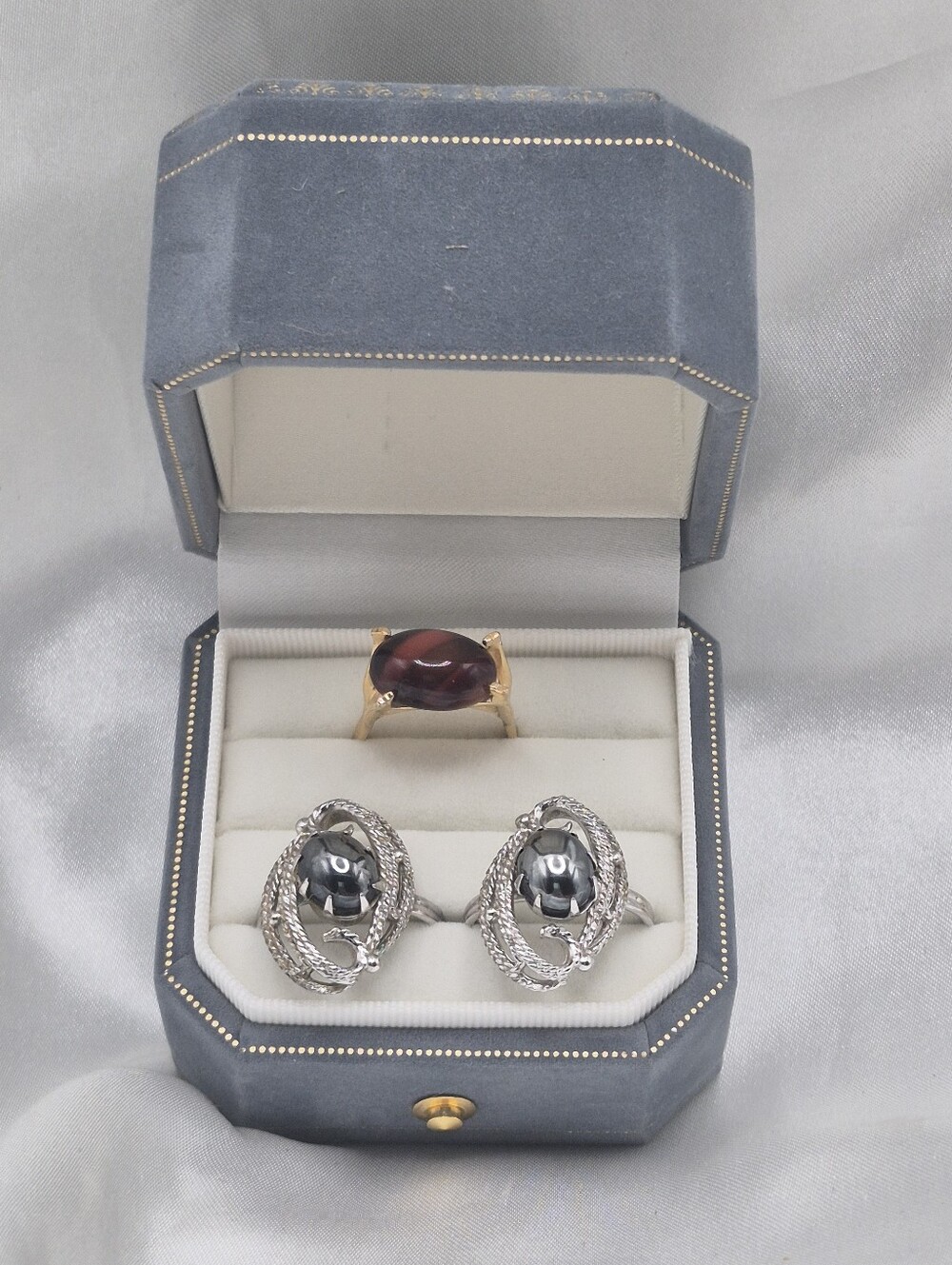 Sarah Coventry Adjustable 3 Rings. Gold Ring & Two Silver Hematite Rings